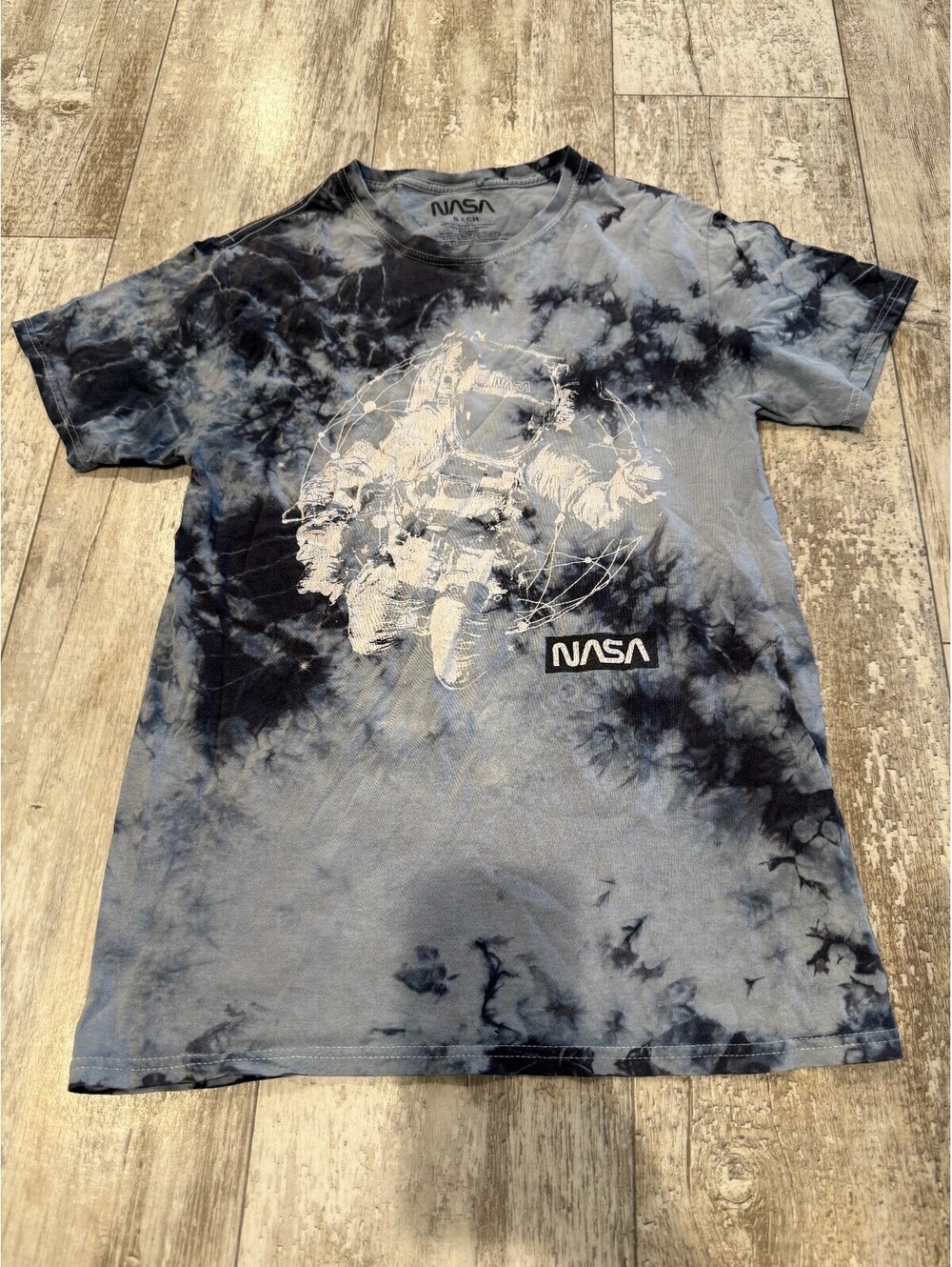 NASA Mens S Gray Black Tie Dye Astronaut Graphic T Shirt Space